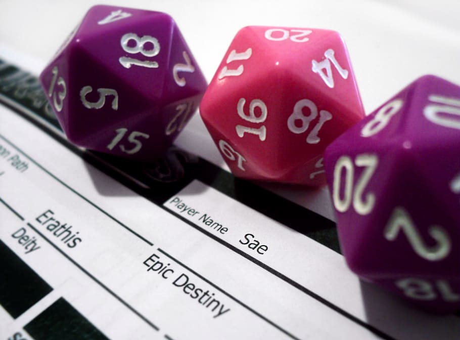 close-up photography of three assorted-color dice, rpg, game HD wallpaper