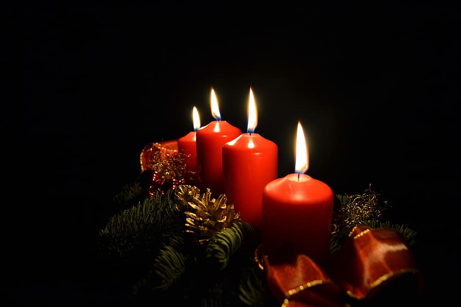 four red pillar candles lightened up, advent, christmas, advent wreath