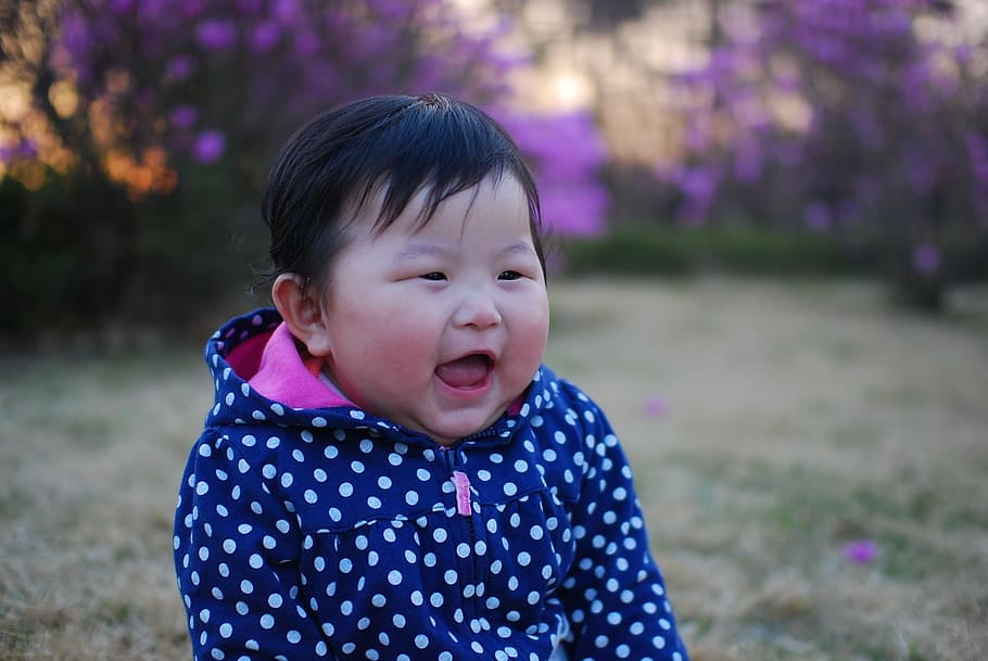 baby wearing black and white polka-dot jacket, face, happy, korean, HD wallpaper