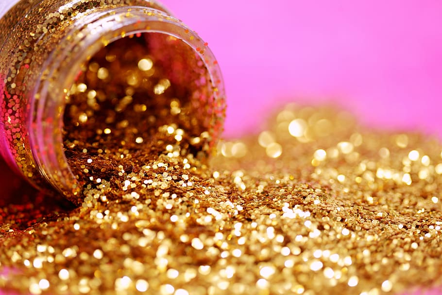 gold glitter with jar, gold glitters, material, bokeh, golden, HD wallpaper