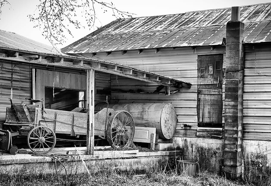 monochrome, black and white, country, rural, landscape, barn, HD wallpaper