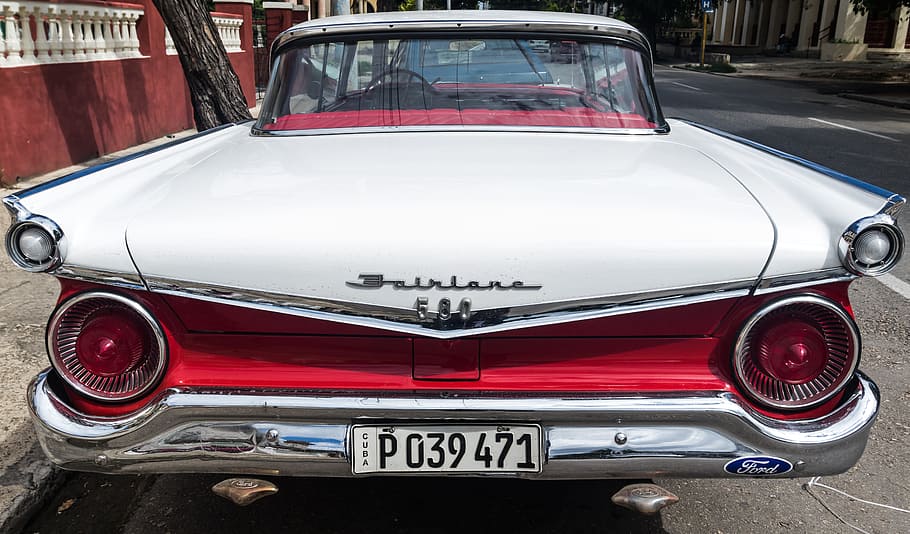 cuba, vedado, almendron, classic, car, fairlane 580, red, taxi, HD wallpaper