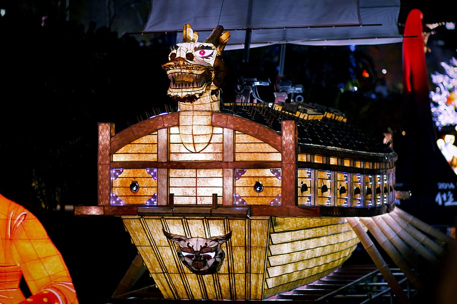 night view, light, lantern, times, turtle ship, sailboat, dragon HD wallpaper