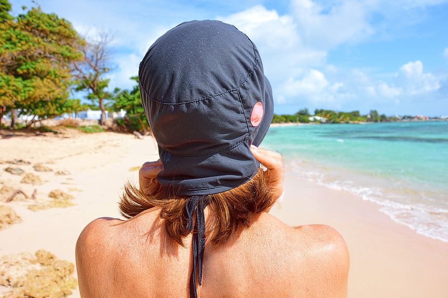 beach, hat, ocean, holiday, walk on the beach, land, rear view HD wallpaper