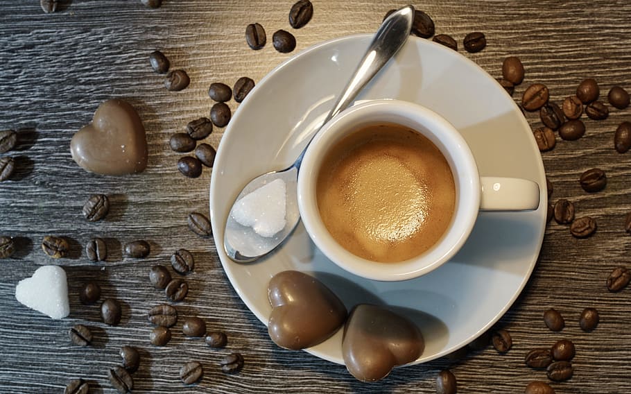 white ceramic teacup, coffee, espresso, drink, caffeine, table HD wallpaper