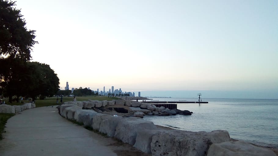 lake, chicago, sunset, water, sky, tree, sea, nature, beauty in nature HD wallpaper