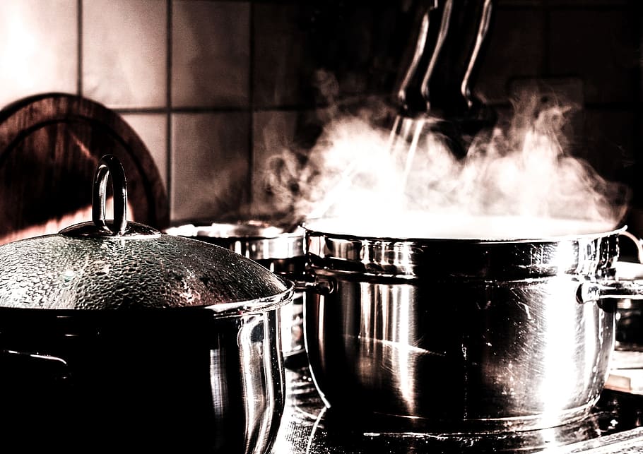 boiling water on gray stainless steel cooking pot, pressure cooker, HD wallpaper