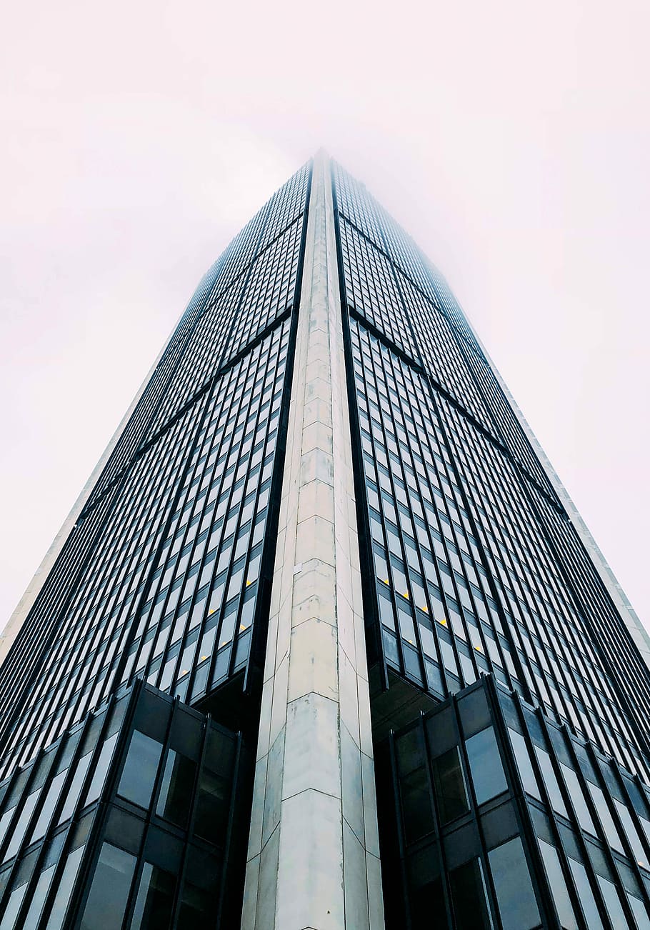 worm's eyeview of tall building, gray city building, architecture HD wallpaper