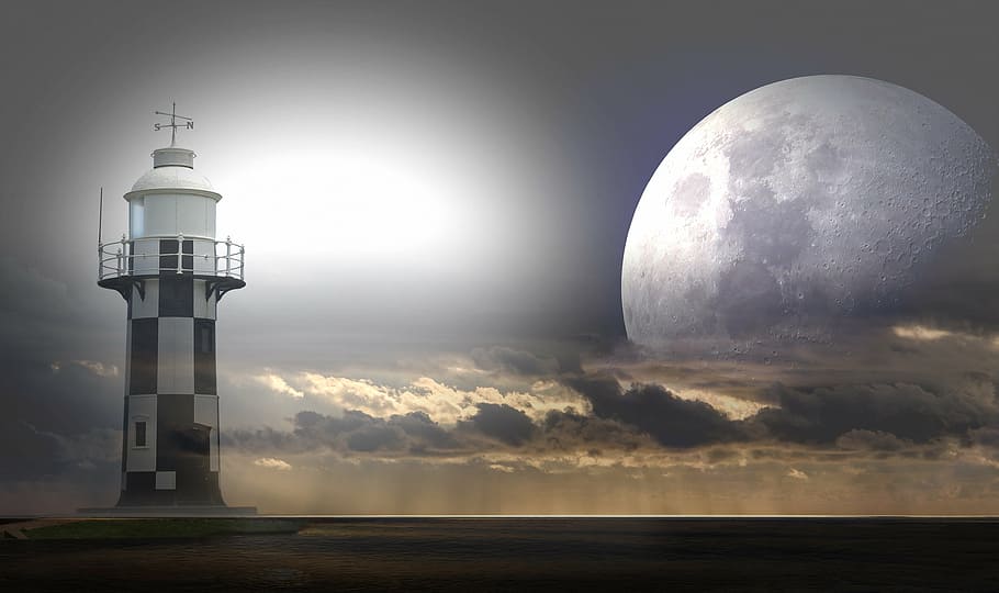 landscape photography of lighthouse, moon, sea, clouds, mystical HD wallpaper