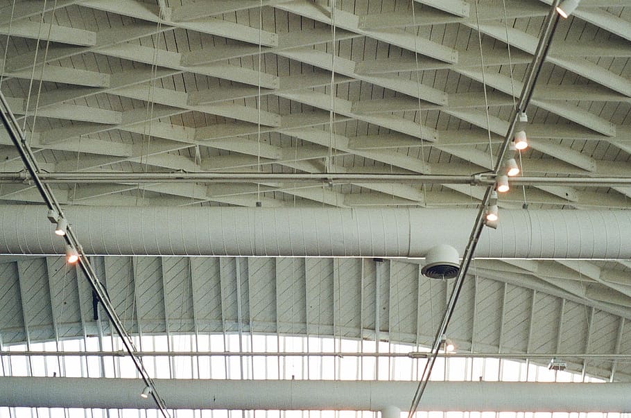 untitled, ceiling, beams, pipes, lights, architecture, indoors HD wallpaper