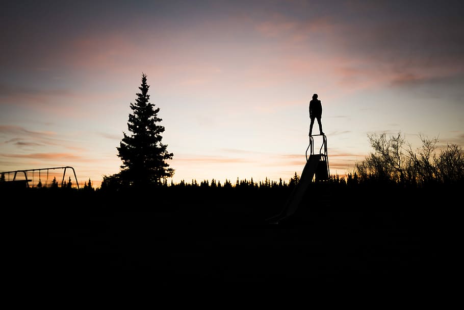 silhouette of person standing on slide during sunset, silhouette photography of person standing on slide near tree HD wallpaper
