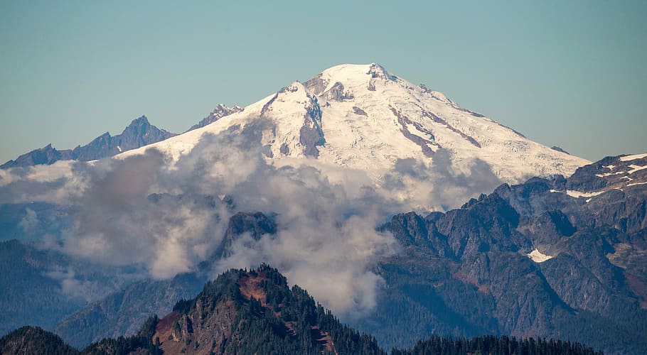white clouds over mountains, mt baker, usa, snow, mountain range HD wallpaper