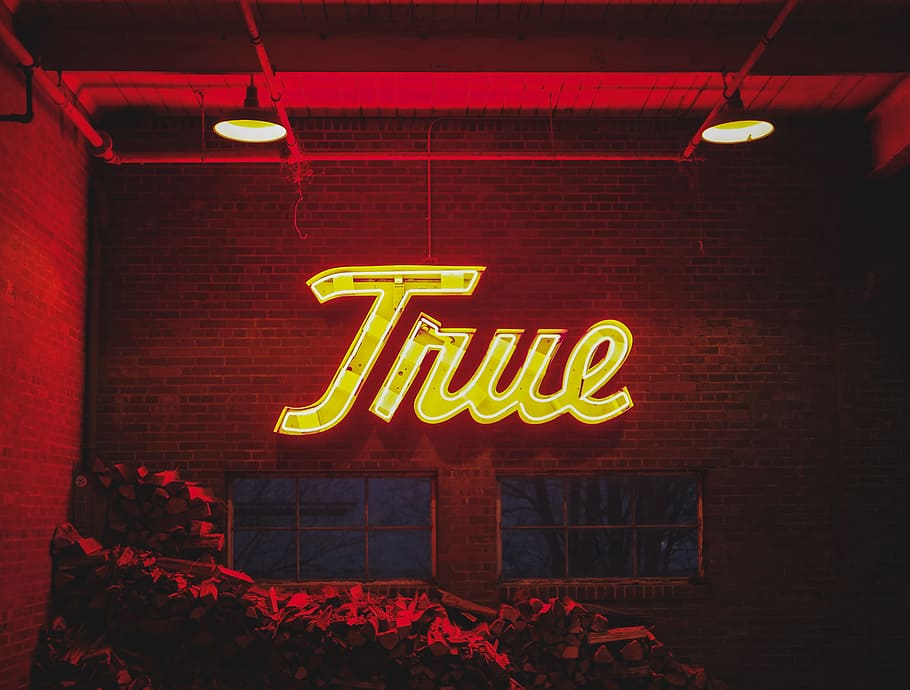 Stay True, turned-on yellow true text neon sign, signage, type, HD wallpaper