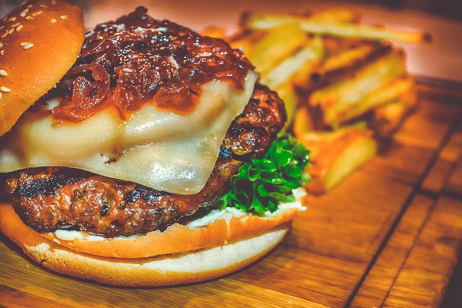 Selective Focus of Ham Burger on Wooden Surface Photo, beef, bread HD wallpaper