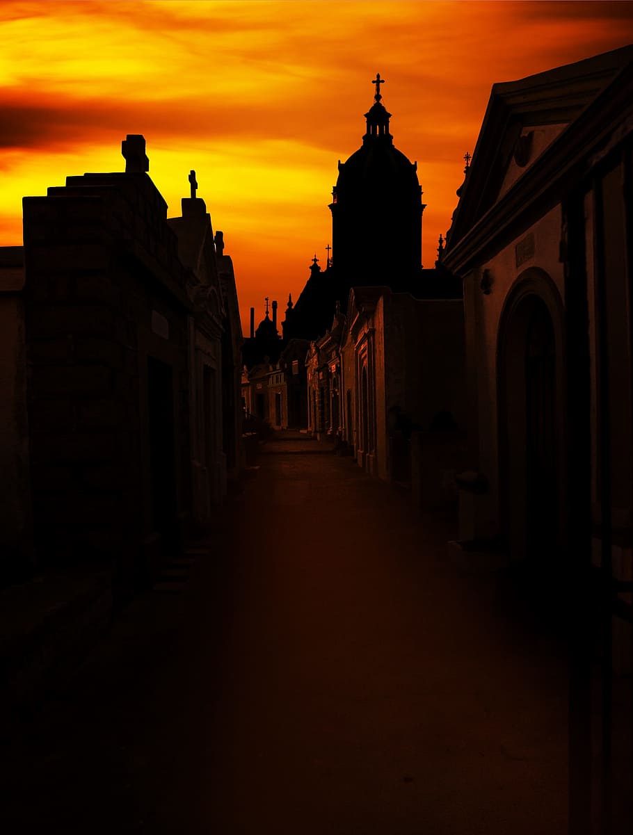 silhouette photo of houses, Sunset, Cemetery, Mystical, Evening HD wallpaper