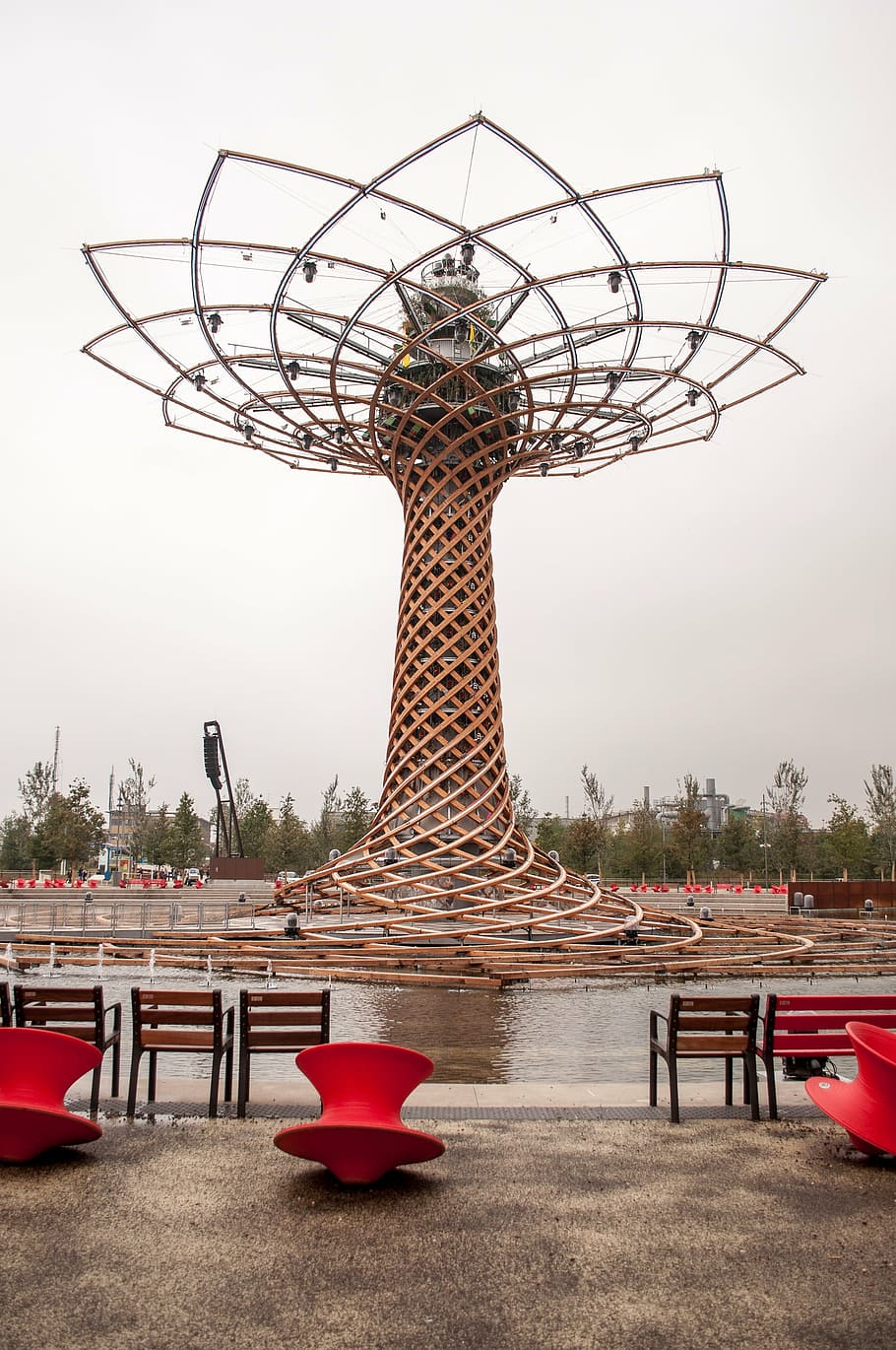 exhibition, tree, architecture, milan, park, chairs, wood, construction HD wallpaper