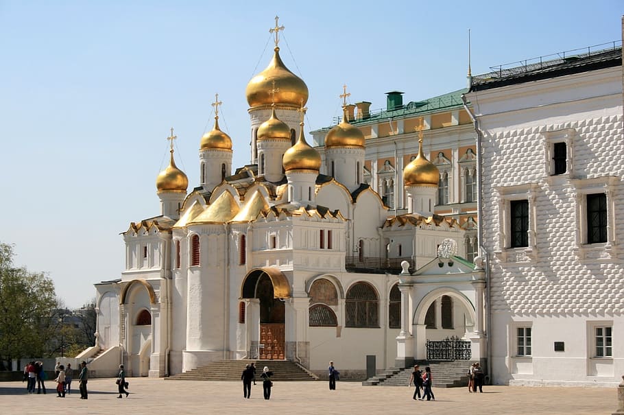 cathedral, church, white, building, golden domes, onion domes