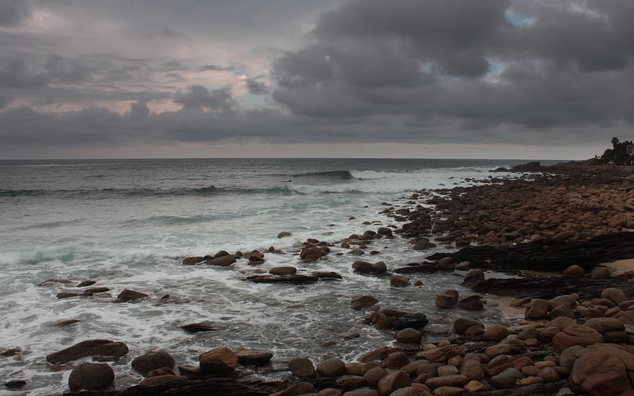 storm, cloudy, ocean, sea, waves, shore, rocks, coast, sky HD wallpaper