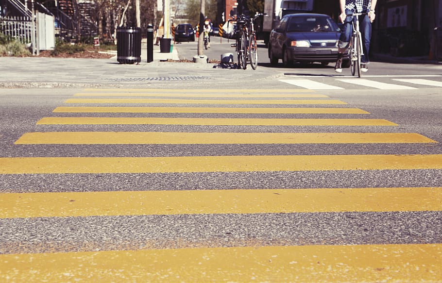 yellow pedestrian lane, person, showing, crosswalk, crossing, HD wallpaper