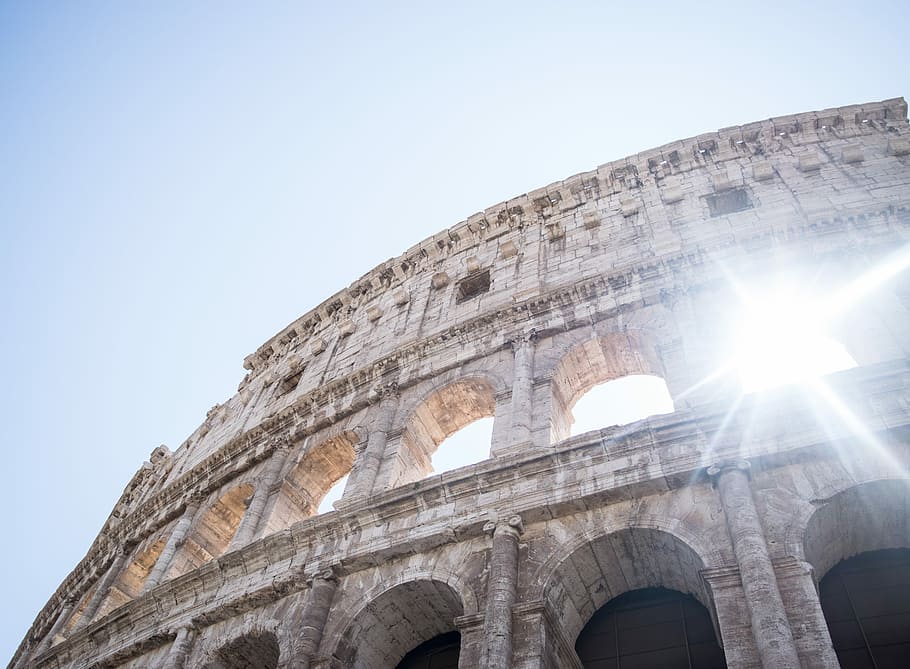 Colliseum, Rome during daytime, low angle photo of gray and brown concrete building under blue sky at daytime, HD wallpaper