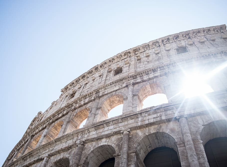 Colliseum, Rome during daytime, low angle photo of gray and brown concrete building under blue sky at daytime HD wallpaper