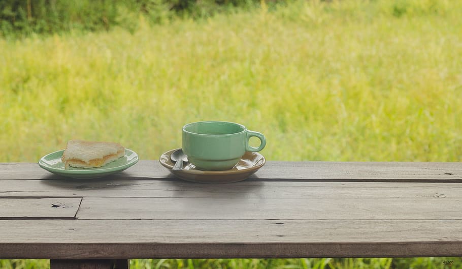 teal ceramic teacup on saucer, coffee, sweets, coffee shop, cake, HD wallpaper