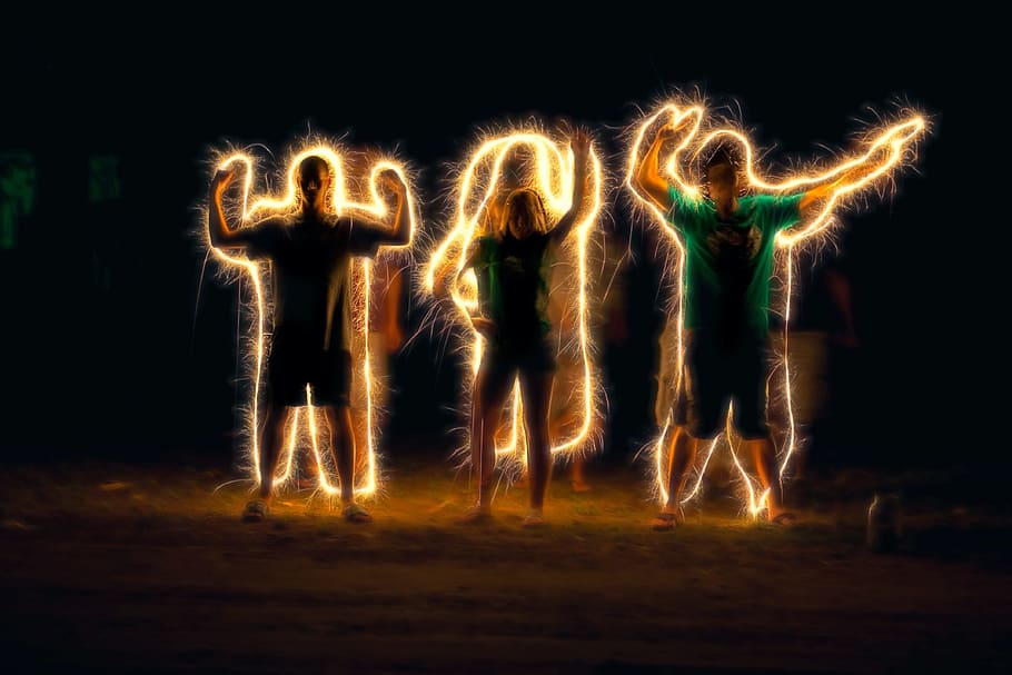 steel wool photography of three persons standing, light painting, HD wallpaper