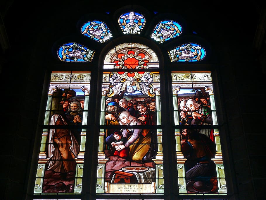 church, stained glass window, sainte anne d'auray, france, religion, HD wallpaper