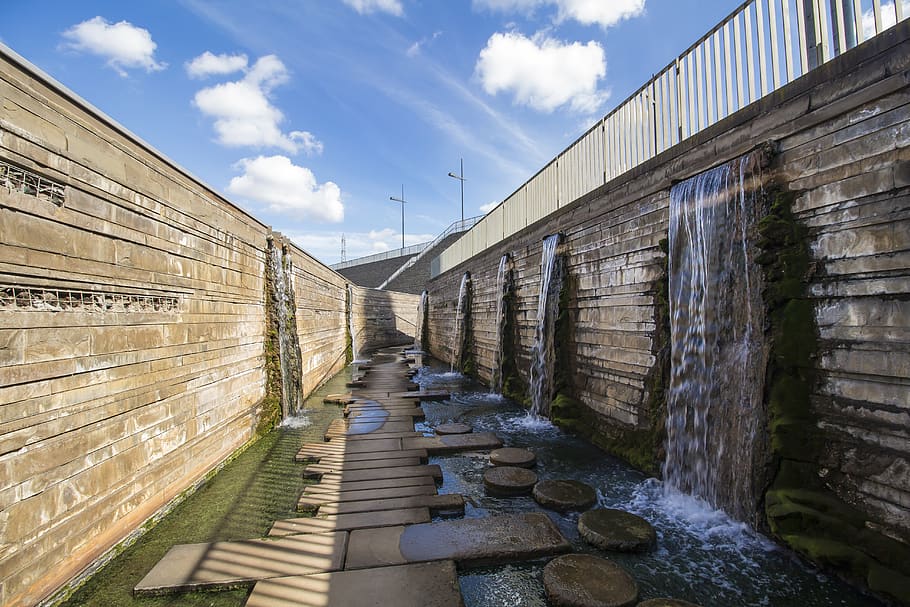 architecture, waters, waterfall, artificial, small waterfall HD wallpaper
