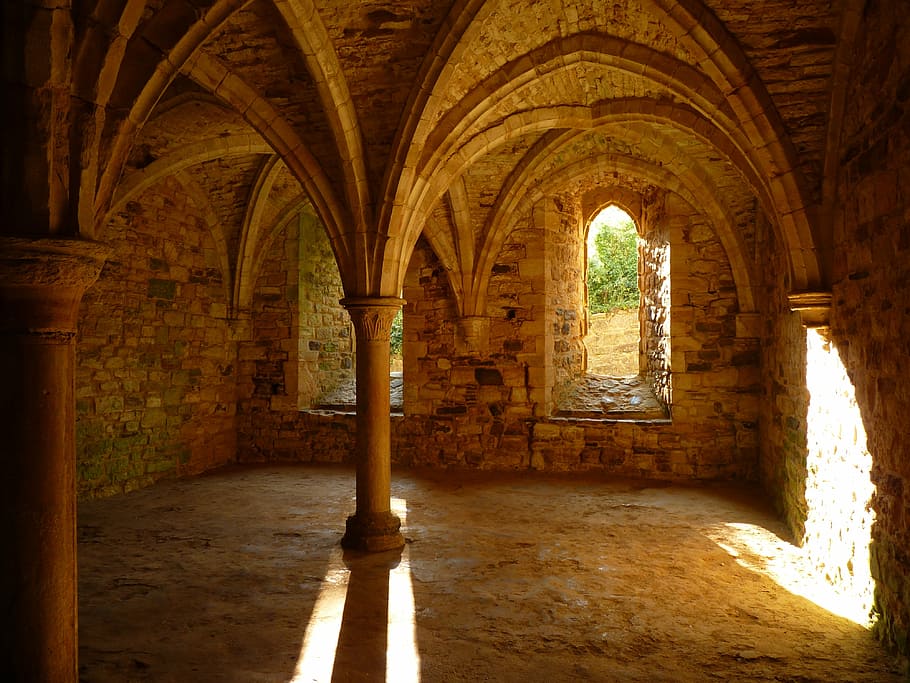 brown concrete pillar, battle abbey, monastery, vault, keller HD wallpaper