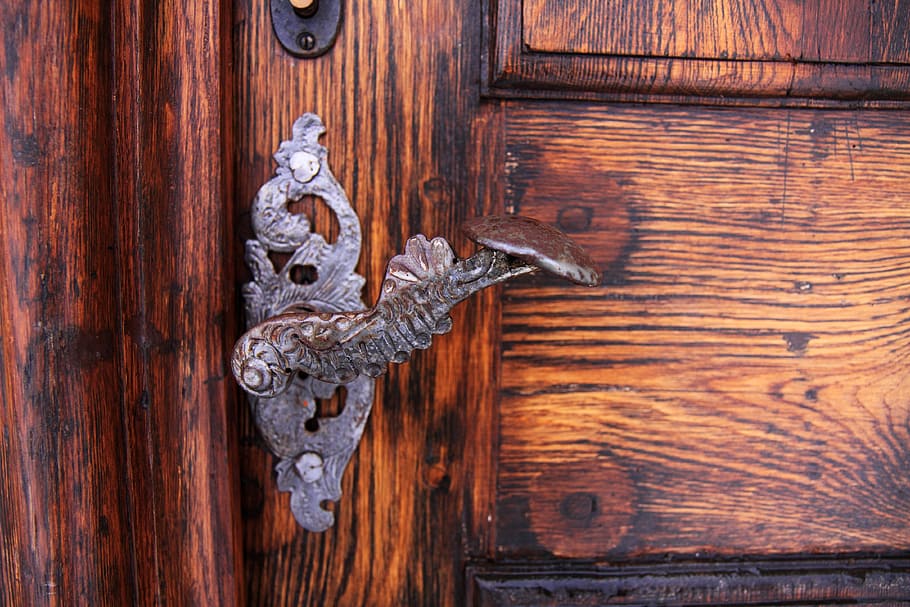 brown and grey door accessory, aged, antique, brass, detail HD wallpaper