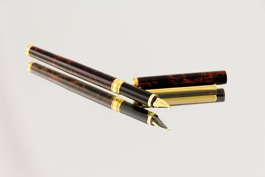 two brown fountain pens, filler, leave, writing tool, office, HD wallpaper