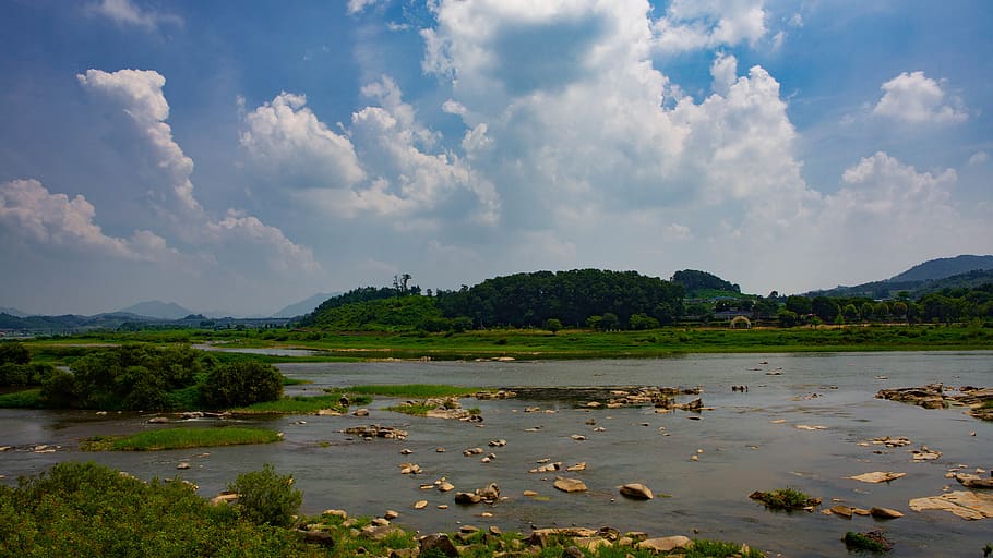 river, sky, cloud, background, landscape, nature, scenery, mountains HD wallpaper