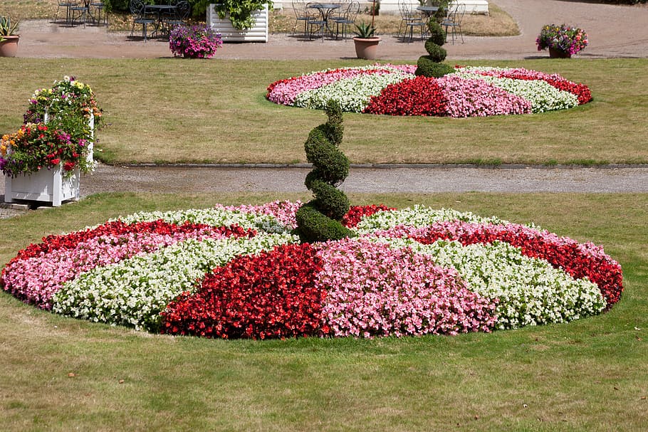 italian garden, rondelle, flowers, flora, pink, red, white, HD wallpaper