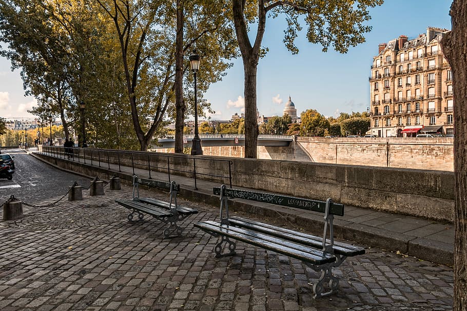 bench on park, paris, perspective, seine, tourism, france, to pantheon, HD wallpaper