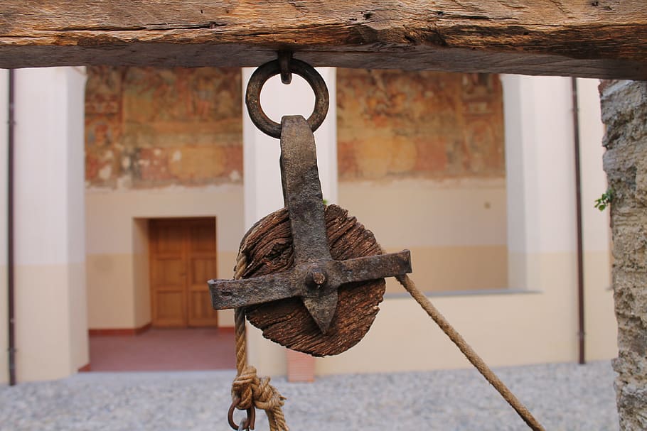 Pulley, Pozzo, Cross, Rope, Wood, suspended, indoors, architecture, HD wallpaper