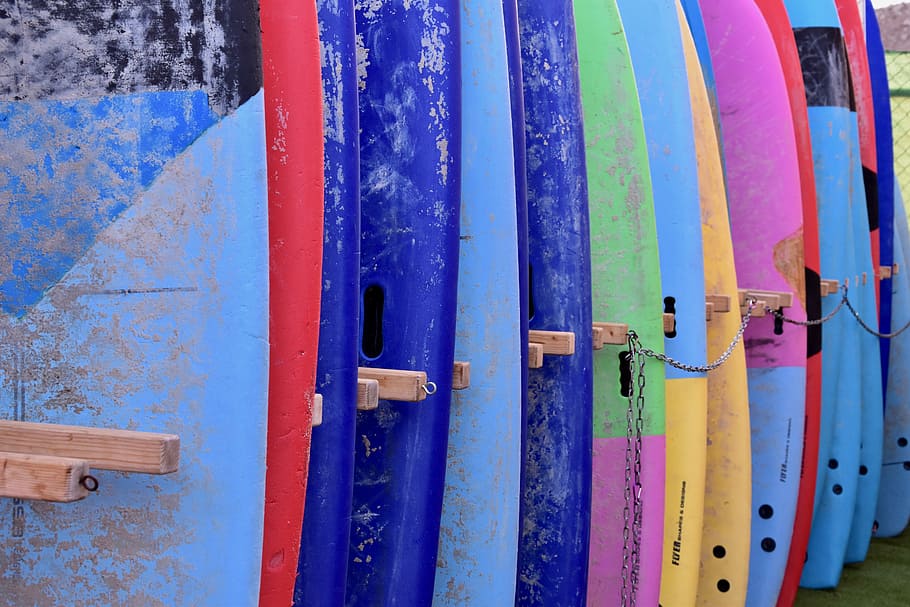 HD wallpaper: assorted-color surfboard set, surfboards leaning on wall