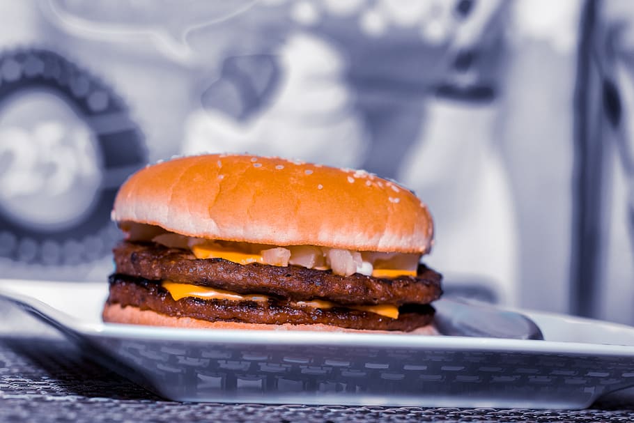 double patty cheeseburger on plate, food, meal, hamburger, bun, HD wallpaper