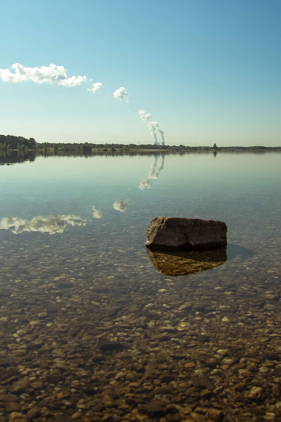 Lake, Stone, Clouds, Chimney, Smoke, mirroring, forest, trees HD wallpaper