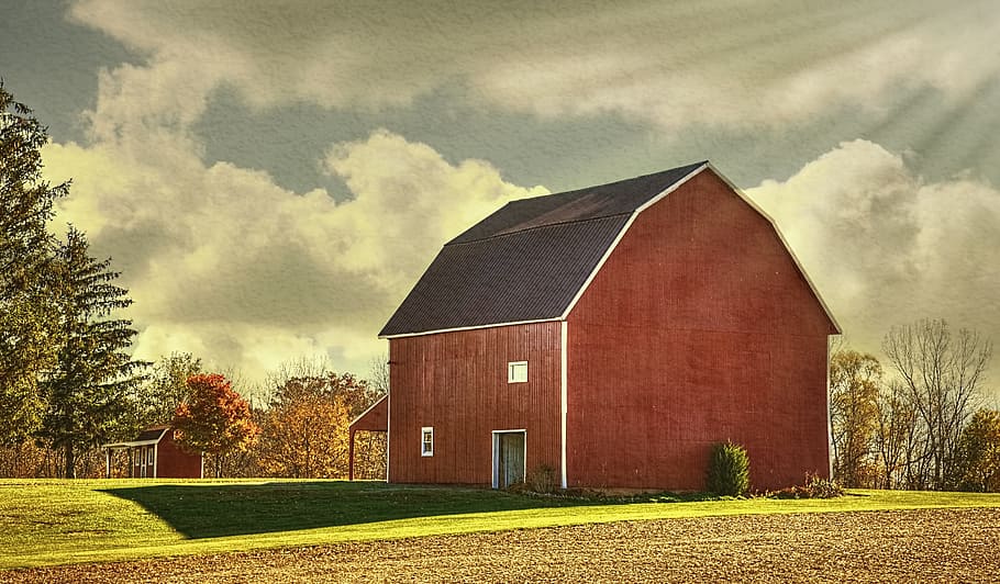 barn, rustic, barns, sun rays, morning, ohio, digital art, rural HD wallpaper