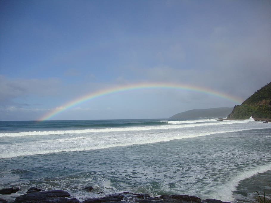 calm sea with rainbow, Australia, Great Ocean Road, beach, seascape, HD wallpaper