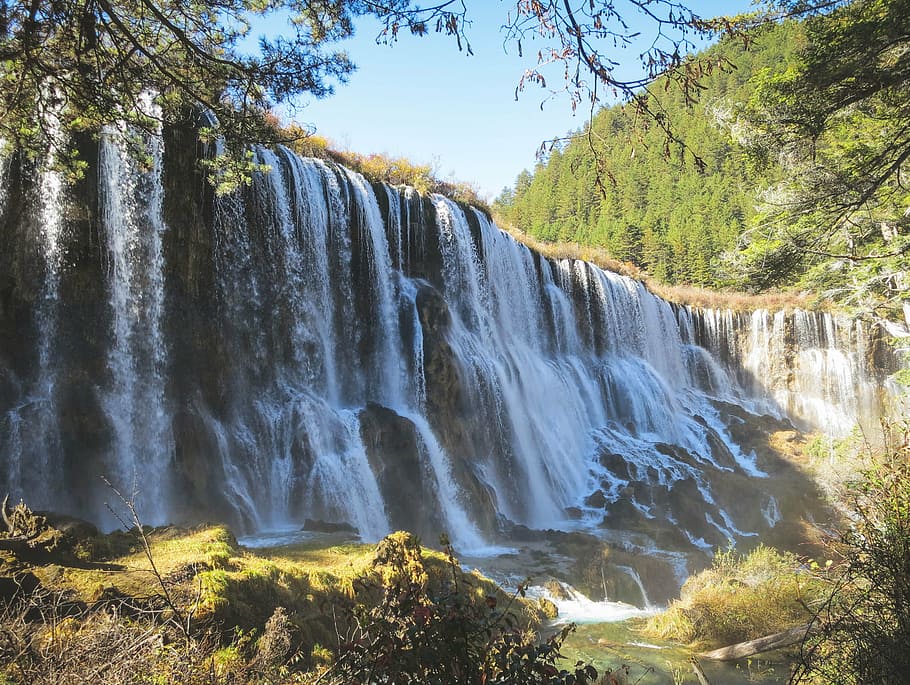 waterfalls under clear blue sky, time, laps, photography, daytime HD wallpaper