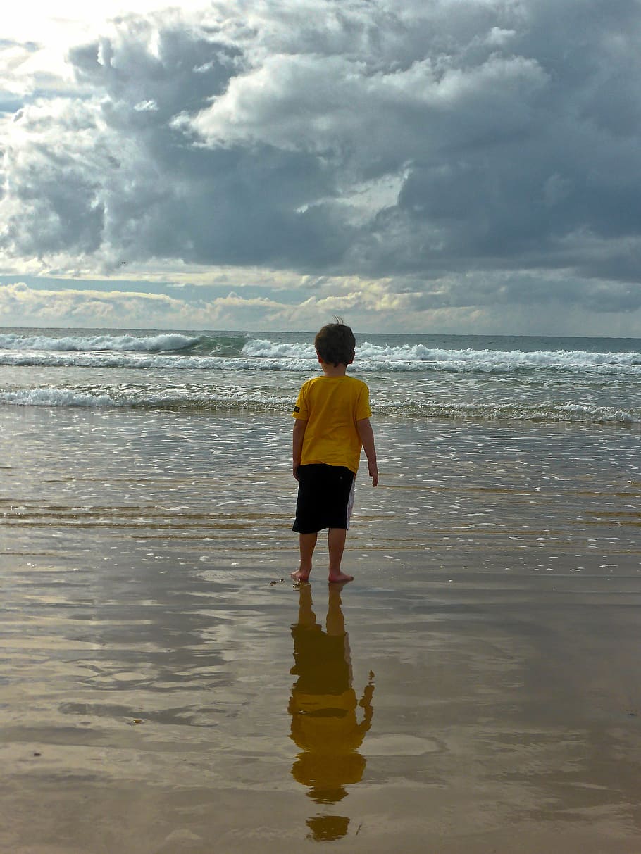 child, boy, sand, beach, ocean, seascape, water, sky, holiday HD wallpaper