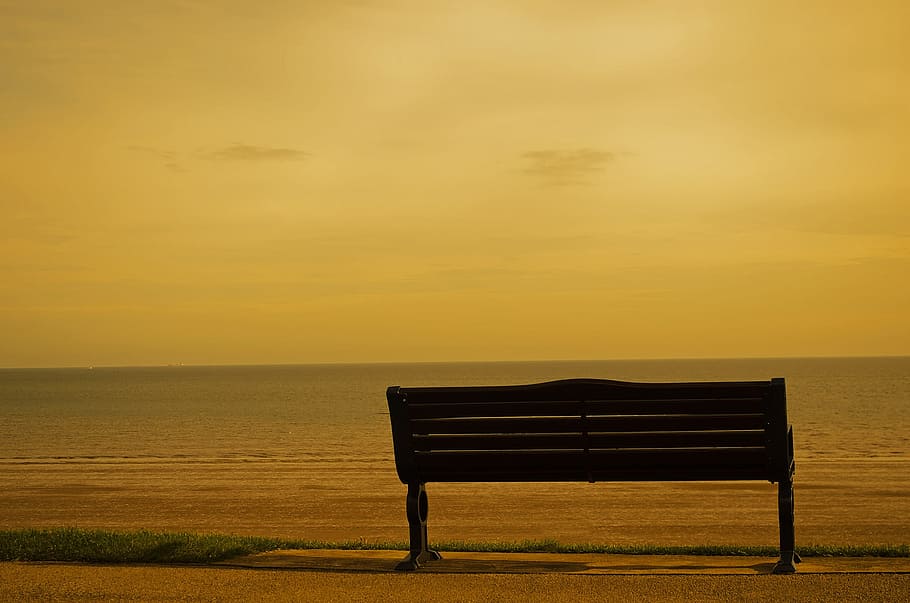 black metal bench near seashore, sepia, effect, background, sunset
