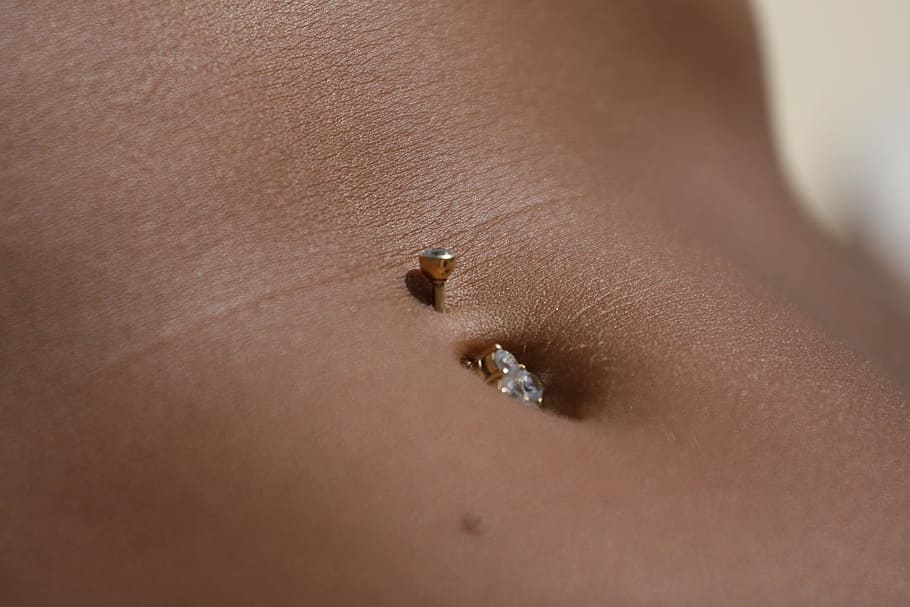 navel with gold piercing, Body Piercing, Skin, Belly Button, Brown