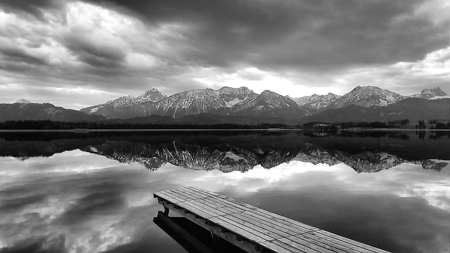 grayscale photo of dock on body of water under cloudy sky, lake HD wallpaper