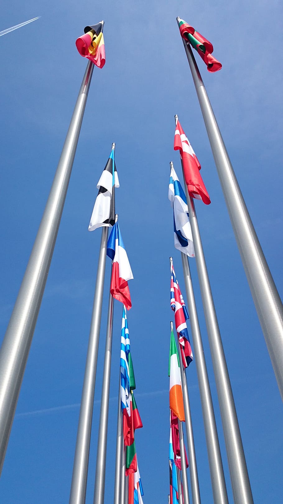 flags, europe flags, mast, flagpole, alu, aluminum poles, sky HD wallpaper