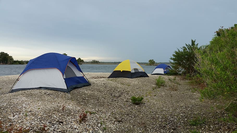 three blue and yellow dome tent near body of water during daytime, HD wallpaper