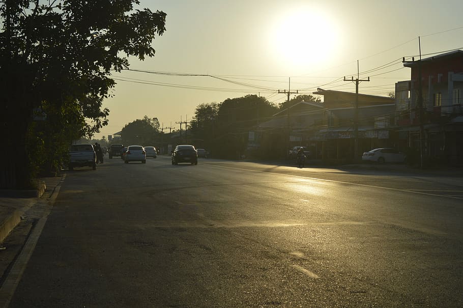 street, evening, sun, transportation, mode of transportation HD wallpaper