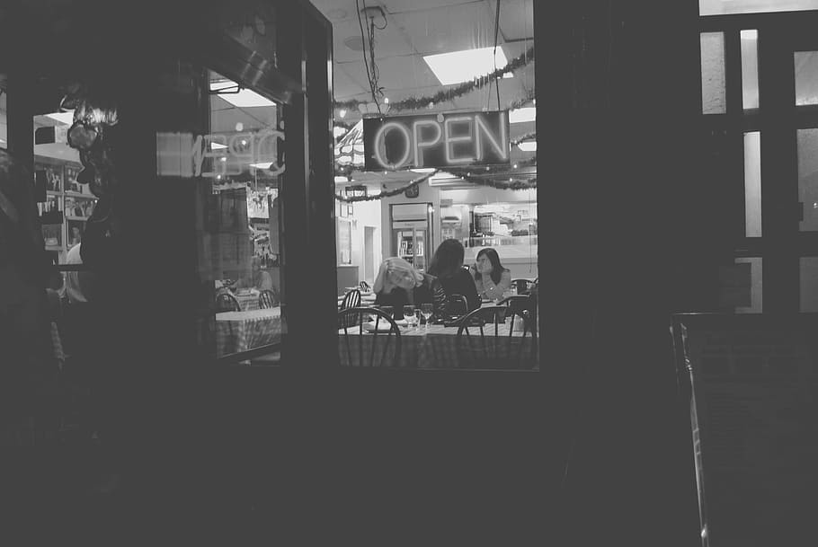 untitled, gray, scale, photo, two, girls, sitting, chairs, cafe HD wallpaper